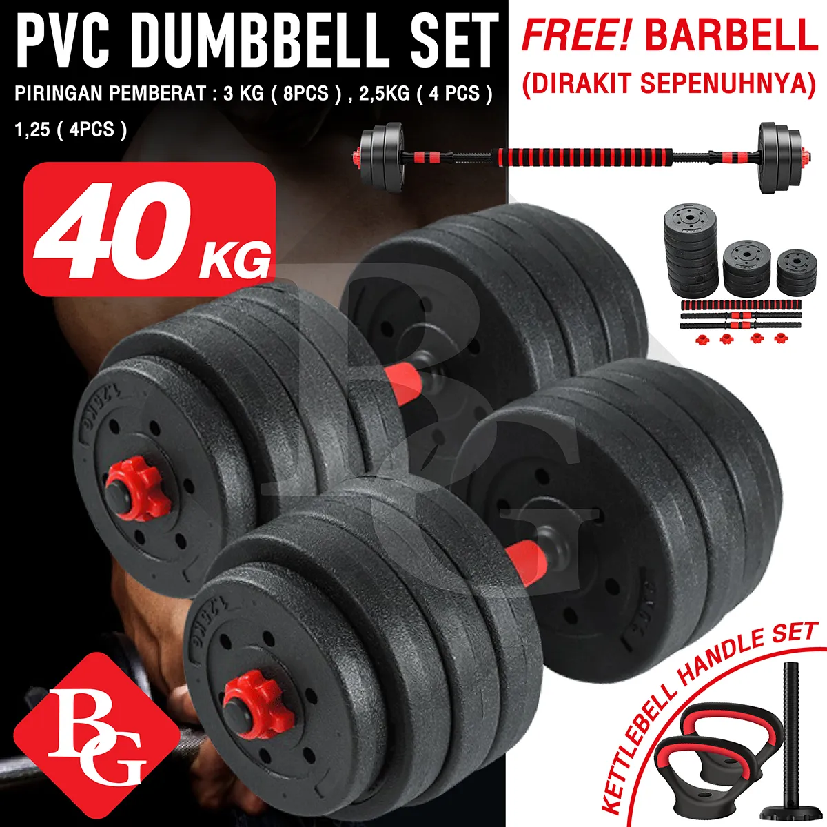BG sport barbell dumbbell set weight lifting sports fitness tools 10 20 30 40 kg/PVC & Chrome q303
