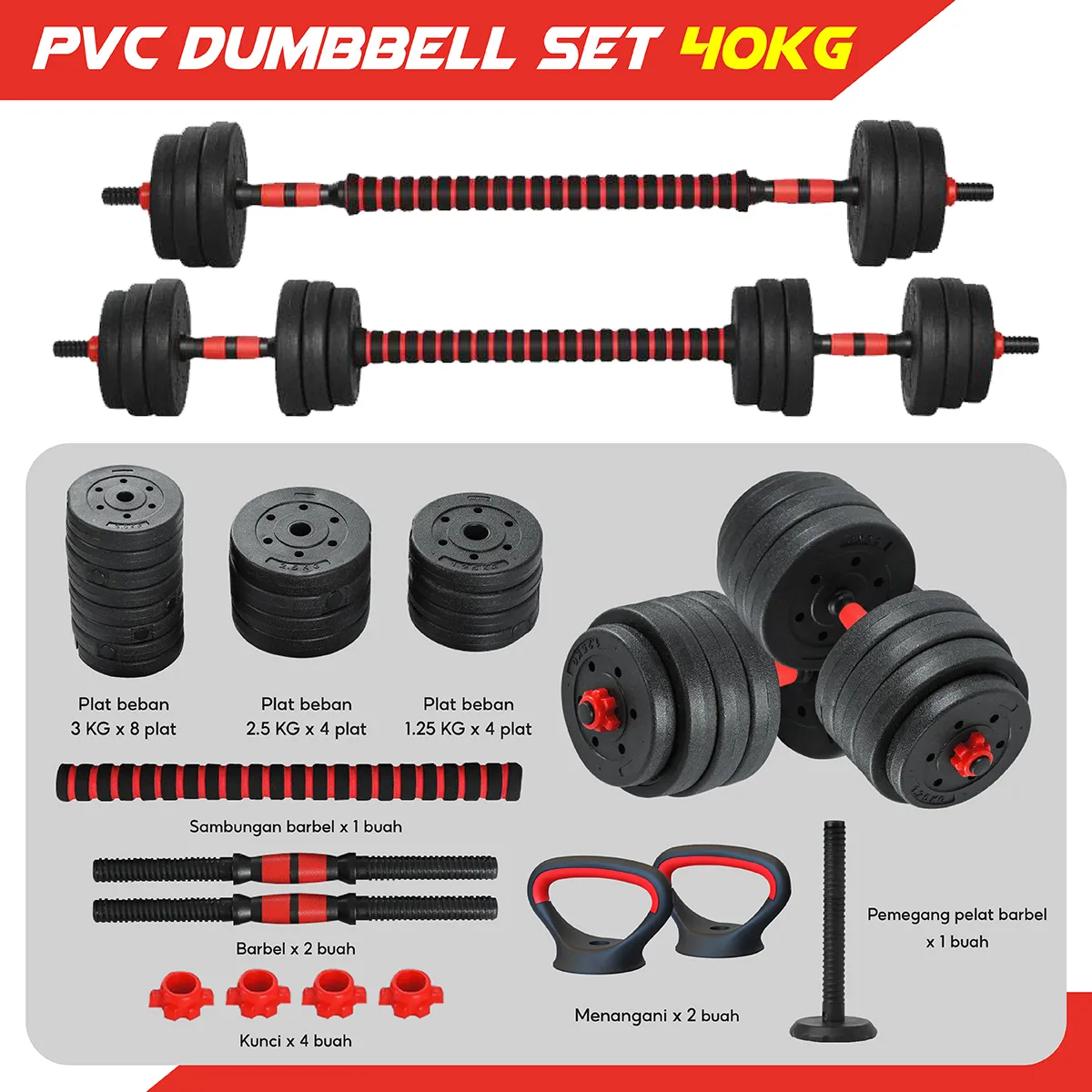 Bg Sport Dumbbell Set 10 20 30 40 kg Pvc & Q303 15 20 30 kg Gym Fitness Muscle Exercise Equipment