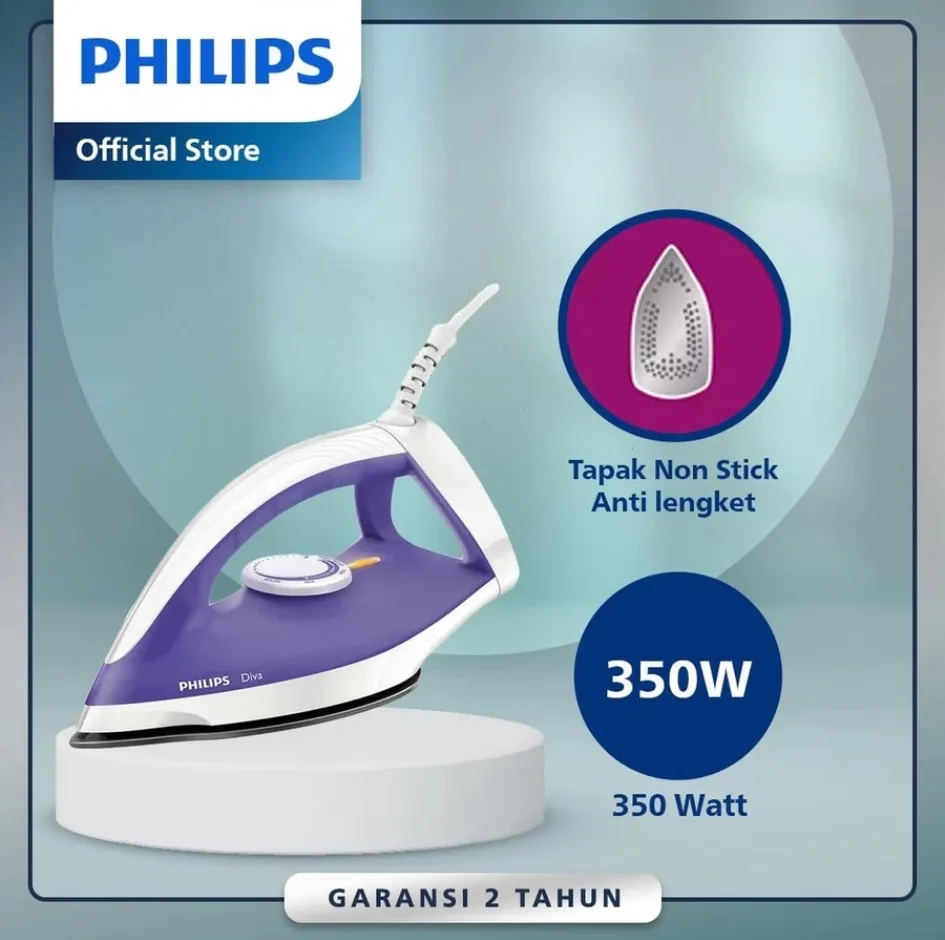 [Extra Discount 20K] Philips Diva Dry Iron Gc122/37 Purple - Cheap Promotional Iron, Non-Stick Ironing Soleplate, Durable