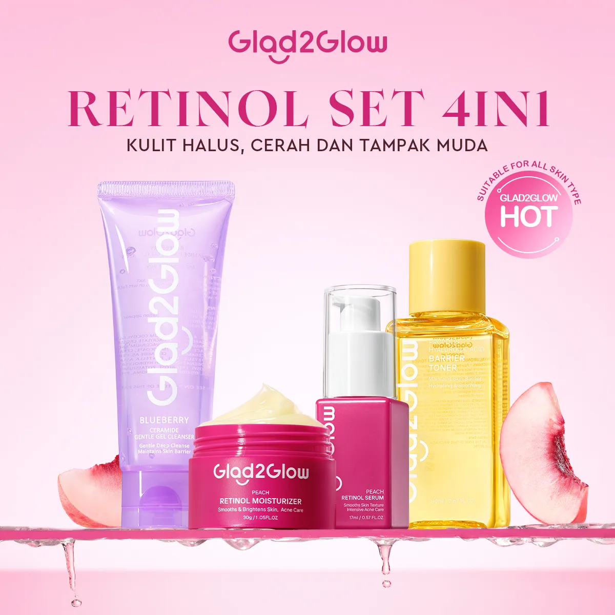 Gla-2glow Paket 4PCs set skincare bundle face wash + Toner + serum + moisturizer acne set glowing set dark spot set barrier set retinol set