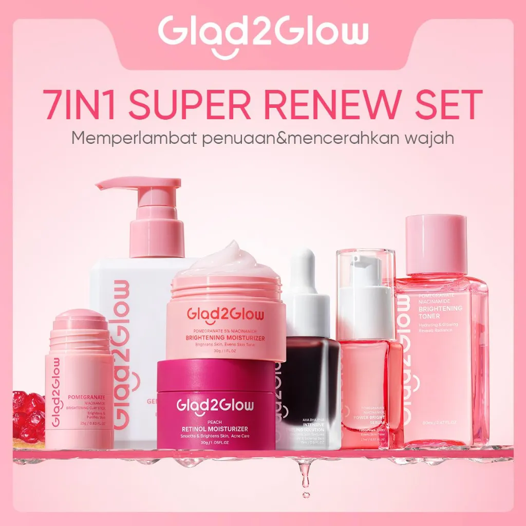Glad2Glow Renew Bundle 7in1 7Pcs-Brightening Toner+Brightening Moisturizer+Cleanser+Brightening Serum+Peeling Solution+Retinol Pomegranate Niacinamide Brightens the Face Brightens Moisturizes the Skin Skin Skincare G2G