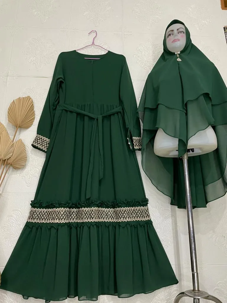 Latest Syari Ceruty Babydoll Gamis / Gamis Set with Khimar Variations in Lace Front and Sleeves / Gamis Syari Busui