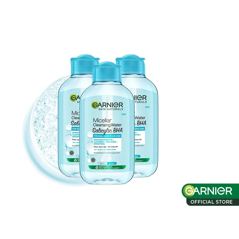 [Save pack 3] Garnier Micellar water salicylic blue skincare 125ml (acne prone oily skin & makeup facial cleanser with salicylic acid)-make up remover