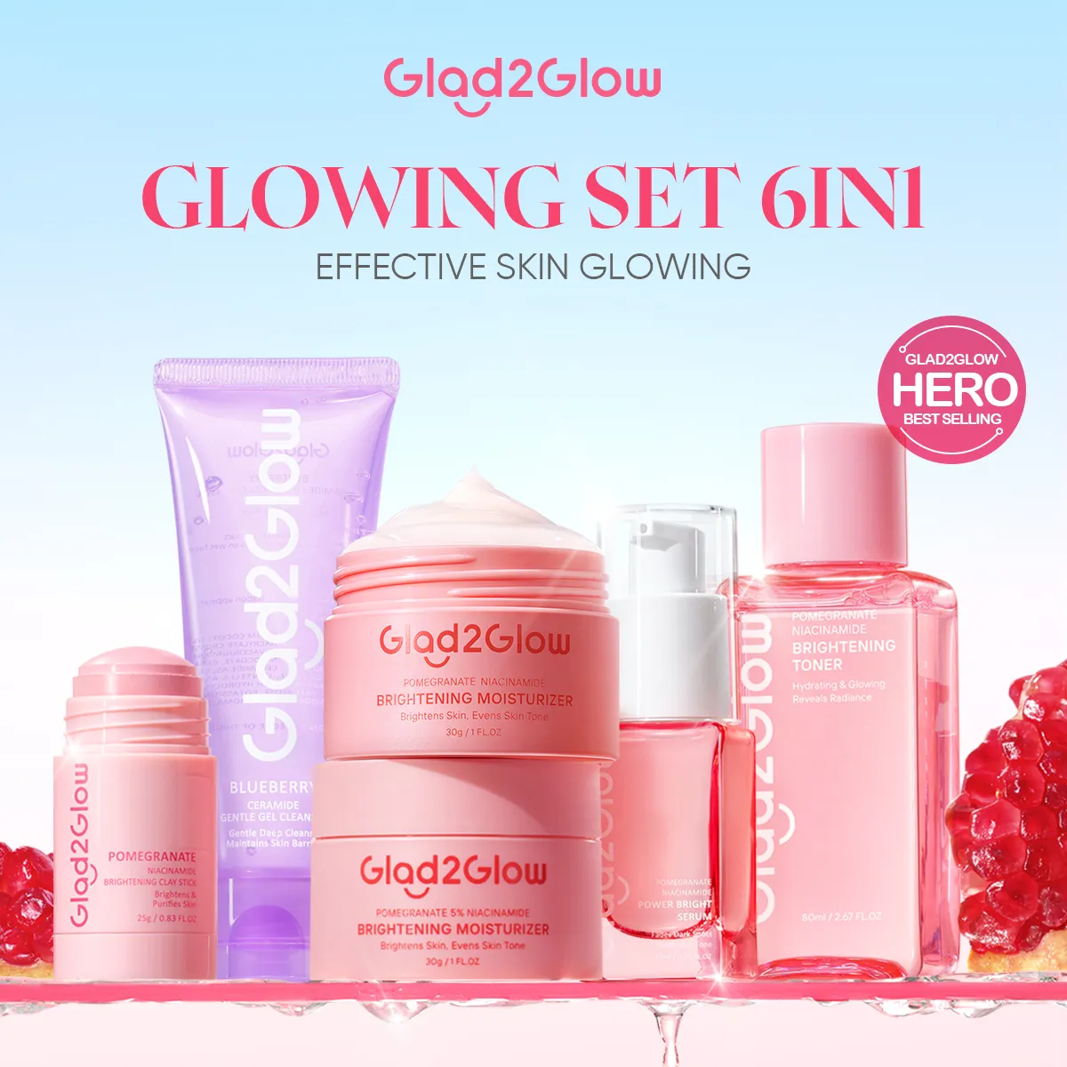 Special Bundle 6 In1 Glad2Glow 6Pcs Skincare Package Moisturizer Serum Clay Mask Face Wash Toner Serum Moisturizer